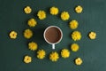 Coffee, dandelions and crocheted flowers Royalty Free Stock Photo