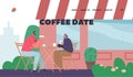 Coffee Date Landing Page Template. Male And Female Characters Couple Enjoying Meal In Street Cafe. Relaxed People Chat