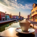 Coffee Delights: Burano, Italy's Iconic Landmark against a Picturesque Background