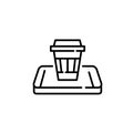 Coffee delivery app. Disposable cup on isometric smartphone. Pixel perfect, editable stroke icon