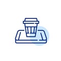 Coffee delivery app. Disposable cup on isometric smartphone. Pixel perfect, editable stroke line icon