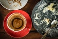 Coffee depleted on table wood in cafe shop