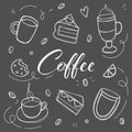 Coffee and desserts in doodle style drawn with chalk on a black board. Sketch of different cups of coffee Royalty Free Stock Photo