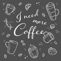 Coffee and desserts in doodle style drawn with chalk on a black board Royalty Free Stock Photo