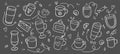 Coffee and desserts in doodle style drawn with chalk on a black board. Sketch of different cups of coffee Royalty Free Stock Photo