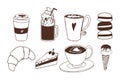 Coffee and desserts set in doodle style. Collection pastry, ice cream, sweet food and beverage. Cafe or shop elements.