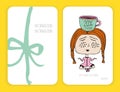 Coffee discount card. template for your design. Girl and cup of . Meditation. Doodle.