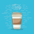 Coffee disposable cup in tasty food poster in aquamarine background