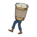 Coffee disposable cup walks on its feet sketch Royalty Free Stock Photo