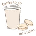 Coffee in a disposable paper Cup with a lid to take away and macaroons cakes. Colorful vector illustration in sketch