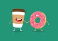 Coffee cup and donut cute cartoon characters, Funny morning breakfast, Vector template illustration.