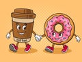 coffee and donut friends walking pop art vector Royalty Free Stock Photo