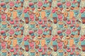 Coffee, donuts, candy doodles seamless pattern