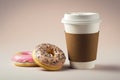 Coffee and donuts. Delicious breakfast, Americano and sweets. White background.