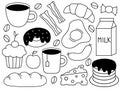 Breakfast and morning icon set. Doodle food and drink. Vector hand drawn Flat Illustration. Royalty Free Stock Photo