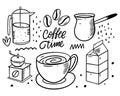 Coffee doodles elements. up, milk, coffee grinder and coffee beans. Black color vector illustration. Line art