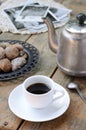 Coffee and dried figs on wooden surface Royalty Free Stock Photo