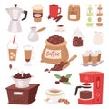 Coffee drink cartoon pot devices and morning beverage coffeemaker espresso cup, desserts coffeine product vector