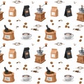 Coffee drink seamless pattern. Vector cup, coffee beans, Cardboard bag, paper packaging, coffee grinder, bag with scoop. Vector Royalty Free Stock Photo