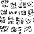 Coffee Drink types sign lettering seamless pattern