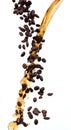 Coffee drink water mix bean seed fall pouring down form line of espresso black coffee splashes drop roasted coffee bean attack Royalty Free Stock Photo