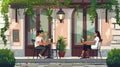 Coffee drinking couple in city street cafe. Modern illustration of young woman and man having a date at an outdoor table Royalty Free Stock Photo