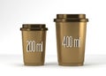 Coffee drinking cup sizes gold scheme with 200 400 milliliter 3d rendering Royalty Free Stock Photo