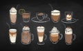 Coffee drinks on chalkboard background Royalty Free Stock Photo