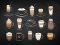 Coffee drinks on chalkboard background Royalty Free Stock Photo