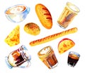 Coffee drinks, cheese and bread. Stylized hand drawn watercolor sketch illustration set