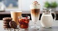 Coffee drinks cookies and milk assortment iced coffee Royalty Free Stock Photo