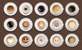 Coffee drinks. Espresso foam top view cappuccino americano different drinks decent vector isolated realistic