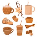 Coffee drinks and flavors. Set of decorative design elements, vector illustration