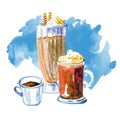 Coffee drinks watercolor illustration. Hand drawn sketch composition with three mugs of latte, mocaccino and espresso