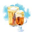 Coffee drinks watercolor illustration. Hand drawn sketch composition with two glass mugs and blue stain