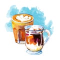 Coffee drinks watercolor illustration. Hand drawn sketch composition with two glass mugs of latte and macchiato and blue stain