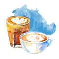 Coffee drinks watercolor illustration. Hand drawn sketch composition with two mugs of latte and cappuccino and blue stain