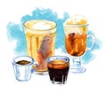 Coffee drinks watercolor illustration. Hand drawn sketch compositionwith four cups of different drinks and blue stain