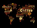 Coffee drinks word cloud in shape of World Map Royalty Free Stock Photo