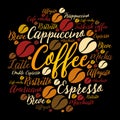 Coffee drinks word cloud in shape of World Map Royalty Free Stock Photo