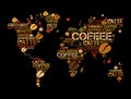 Coffee drinks word cloud in shape of World Map Royalty Free Stock Photo