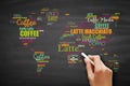Coffee drinks word cloud in shape of World Map, concept background Royalty Free Stock Photo