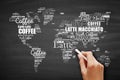 Coffee drinks word cloud in shape of World Map, concept background Royalty Free Stock Photo