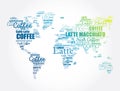 Coffee drinks word cloud in shape of World Map, concept background Royalty Free Stock Photo