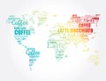 Coffee drinks word cloud in shape of World Map, concept background Royalty Free Stock Photo