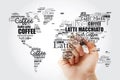 Coffee drinks word cloud in shape of World Map Royalty Free Stock Photo
