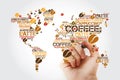 Coffee drinks word cloud in shape of World Map with marker Royalty Free Stock Photo