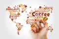 Coffee drinks word cloud in shape of World Map with marker Royalty Free Stock Photo