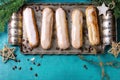 Coffee eclairs with Christmas decor Royalty Free Stock Photo