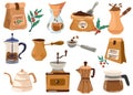 Coffee elements collection. Coffee supplies icons. Maker, French press, pot, coffee machine, grinder, grains Royalty Free Stock Photo